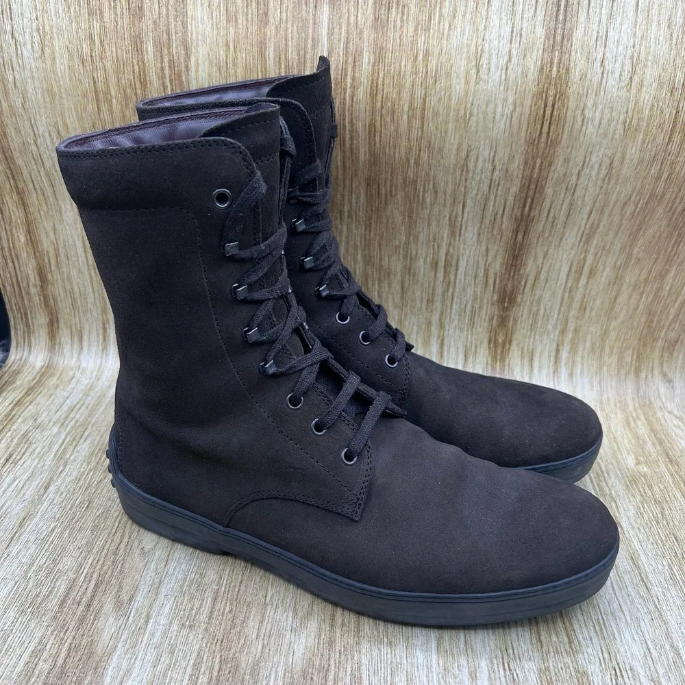 Tod's Combat Field Boots Men's Size 9 Dark Brown Suede Leather Lined Italy